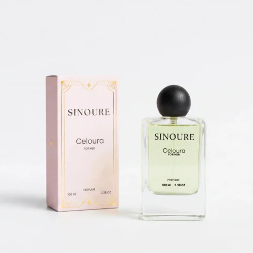 SINOURE Celoura For Her perfume bottle and pink packaging box on a white background