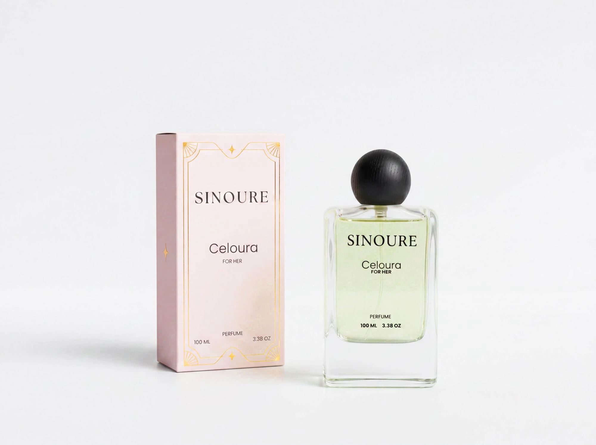 SINOURE Celoura For Her perfume bottle and pink packaging box on a white background