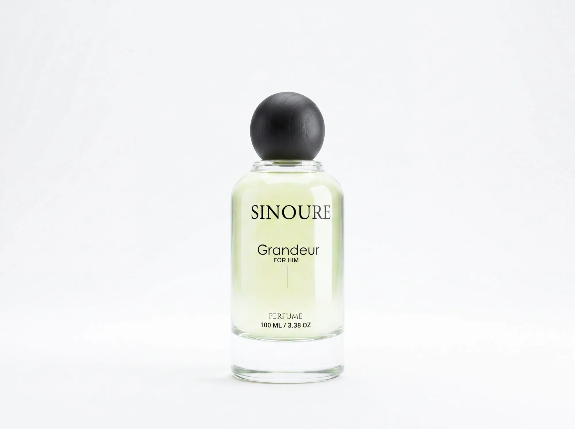 SINOURE Grandeur For Him perfume bottle with light green fragrance on a white background