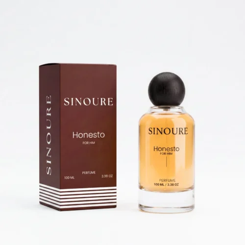 SINOURE Honesto For Him perfume bottle and brown packaging box on a white background
