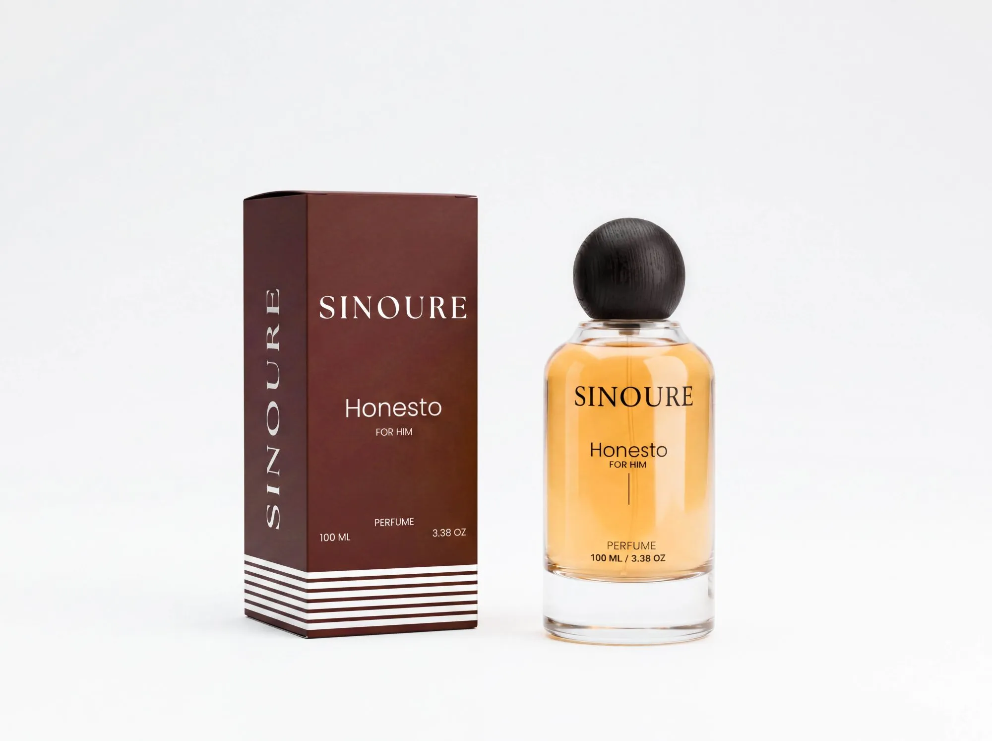 SINOURE Honesto For Him perfume bottle and brown packaging box on a white background