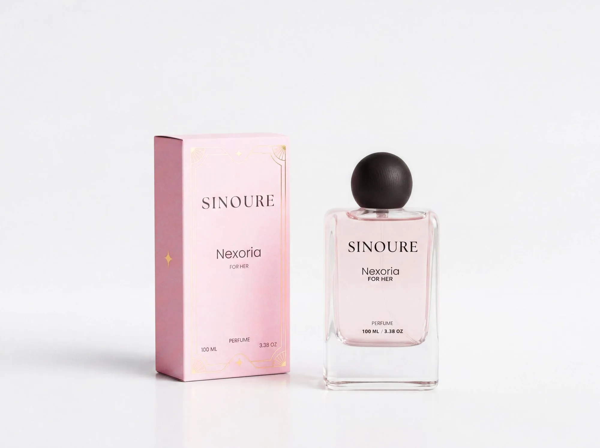 SINOURE Nexoria For Her perfume bottle and pink packaging box on a white background