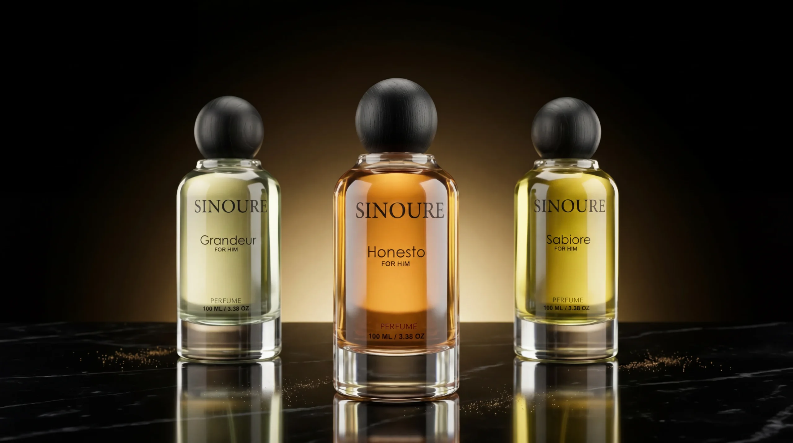 Three SINOURE For Him perfume bottles — Grandeur, Honesto, and Sabiore